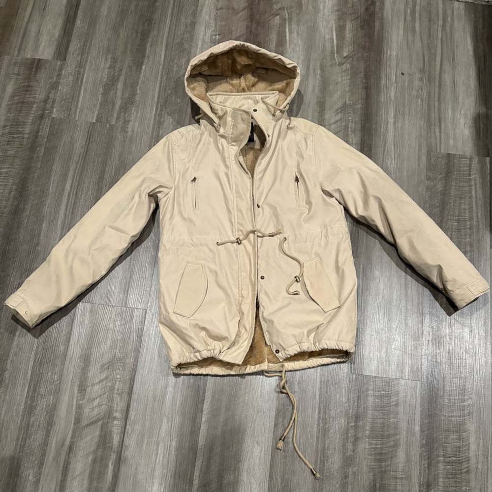 Platini Woman  XL Faux Fur Lined‎ Hooded Parka Jacket Beige Tan Warm Winter Coat